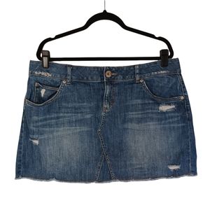 ELLE Distressed Medium Dark Wash Blue Mini Raw Hem Jean Denim Skirt 16